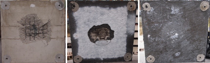 Bottom side of steel reinforced concrete slabs after impact tests (same impact speeds); from left to right: non-strengthened, with subsequent strengthening made of SHCC and SHCC with carbon fiber fabric