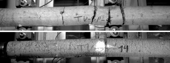 effect of adding fibres to fine grained matrices in the SHB spallation experiment – above matrix without and below with fibres