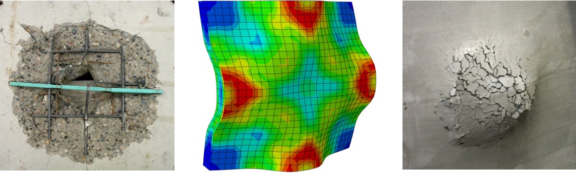 Impacted reinforced concrete plates: non-strengthened showing scabbing on the rear side; Finite Element Model showing stress distribution in an impact concrete plate; strenghened reinforced concrete plate showing the high deformation with no loss of integrity